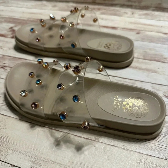Vince Camuto Slide Sandals Clear Jeweled Size 7.5 Bling Slip On Pool Beach - Picture 4 of 8